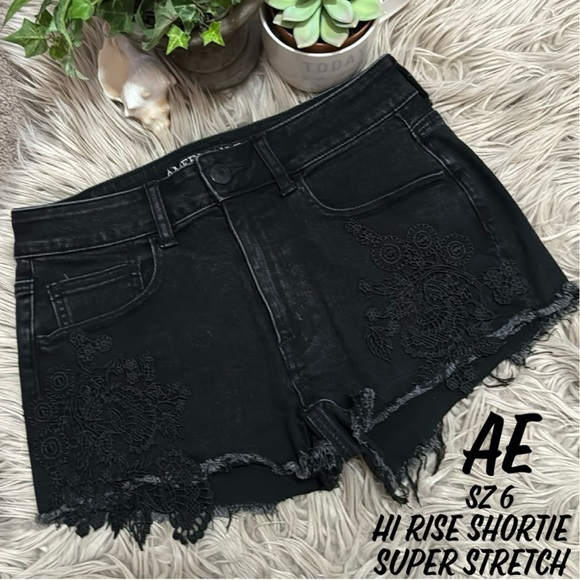 AE Hi Rise Shortie-Super Super Stretch-Black with Lace Embellishment-6-73 Cotton - Picture 1 of 14